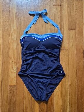 Nautica Navy Halter One-Piece Swimsuit with Light Blue Trim
